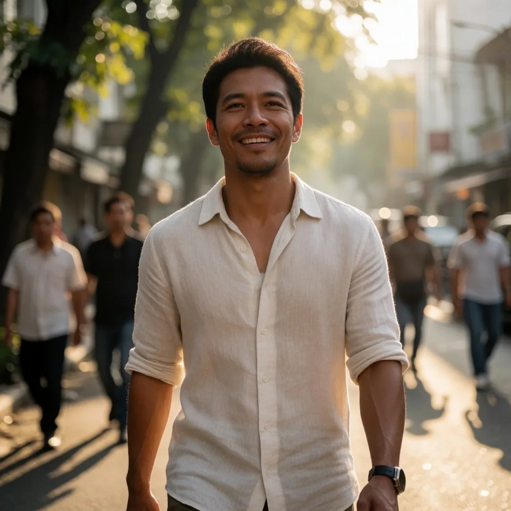 Active Indonesian man walking through Menteng, Jakarta