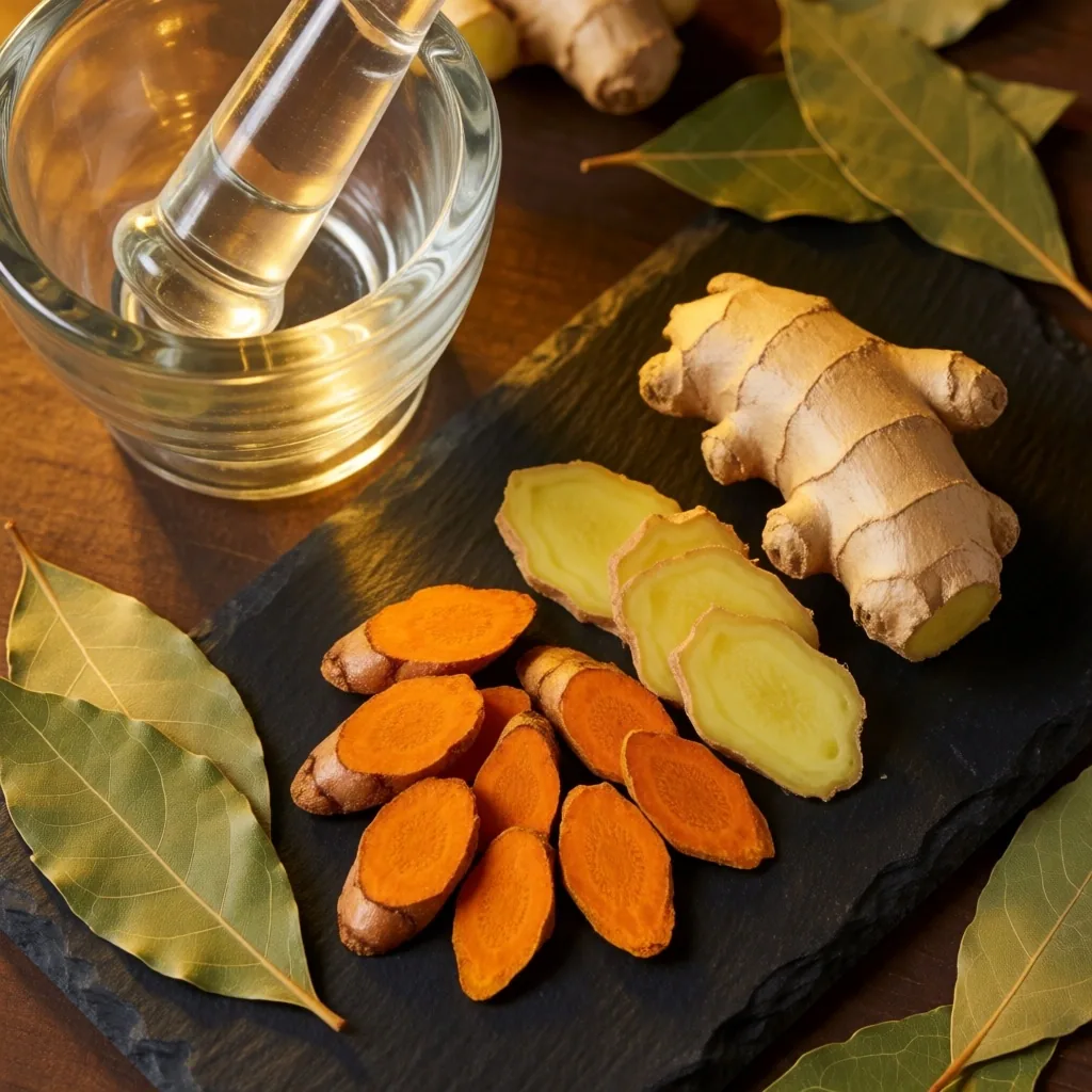 Dried Indonesian herbs and preparation tools on stone