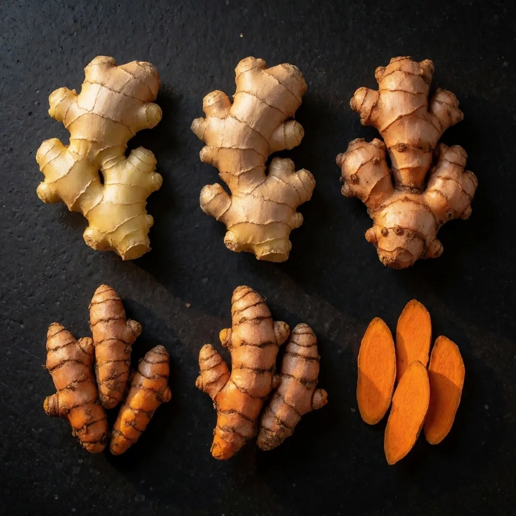 Fresh ginger and turmeric roots on volcanic stone