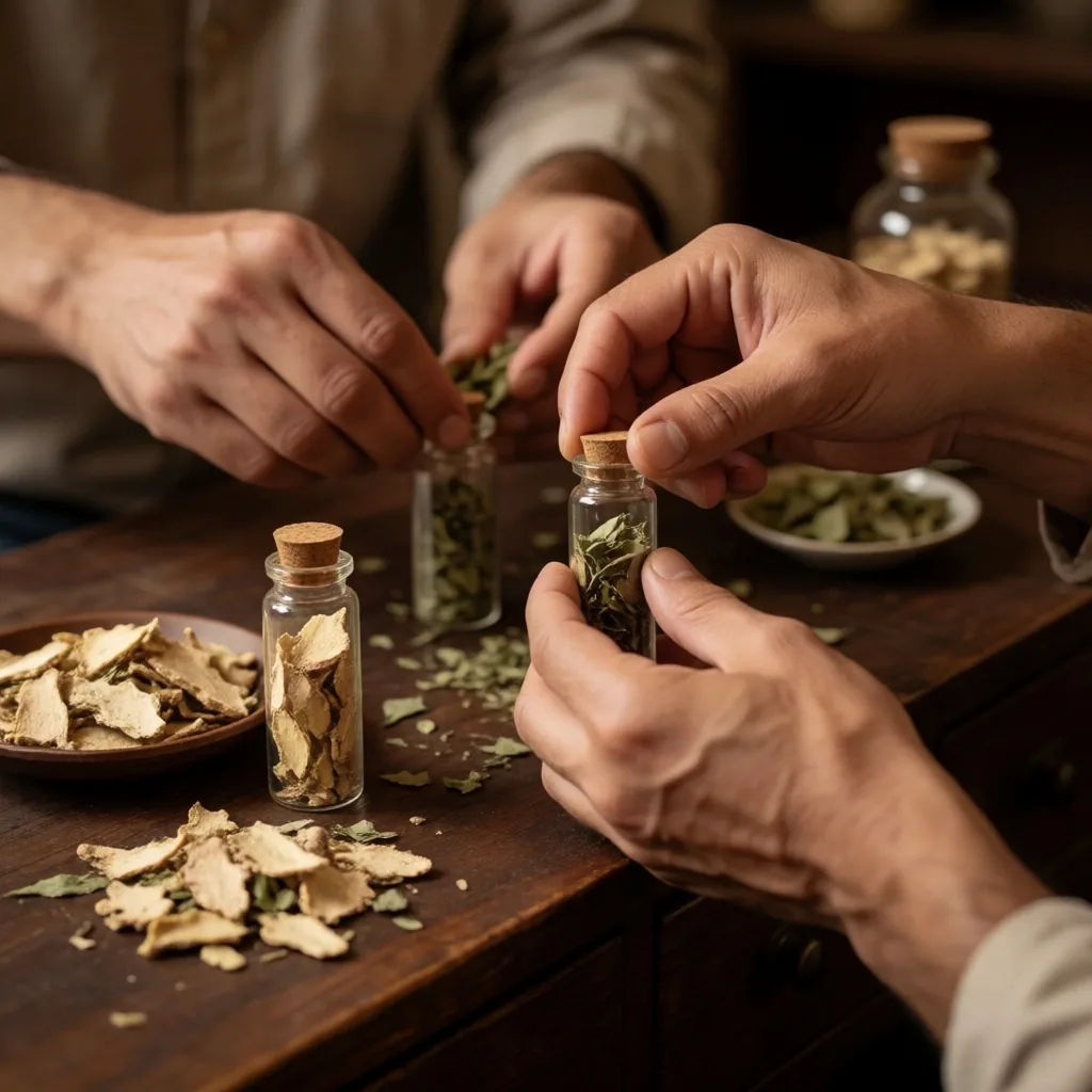 Hands preparing herbal supplements on a workshop table