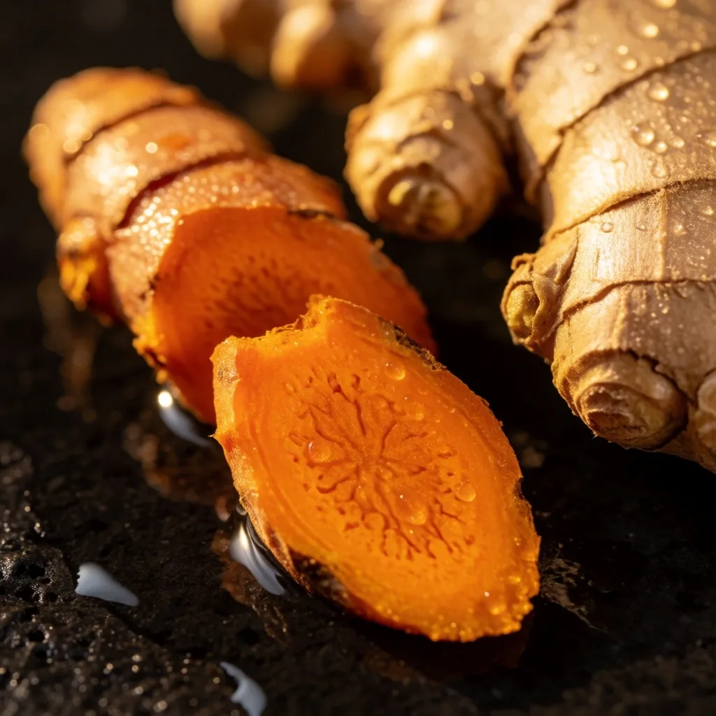 Fresh turmeric and ginger root on volcanic stone
