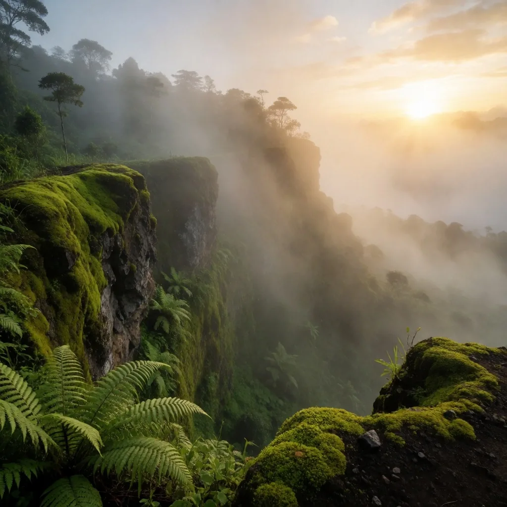 Misty volcanic highlands of Java at dawn