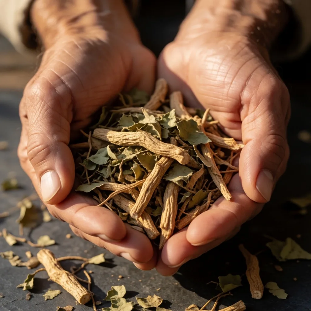 Hands holding dried herbs on a stone surface