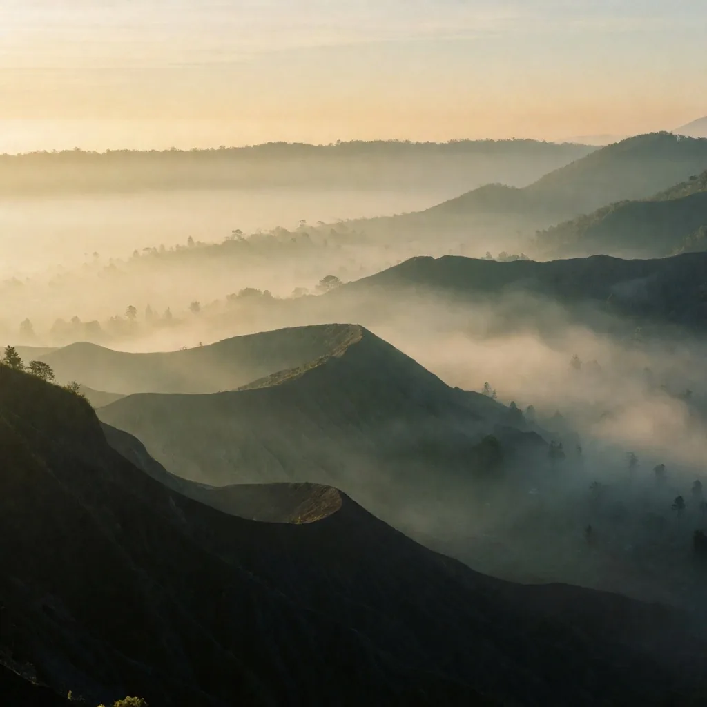 Misty volcanic highlands of Java at dawn