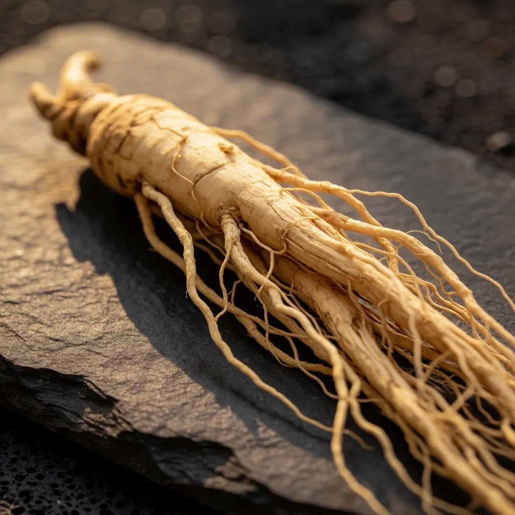 Whole ginseng root on volcanic stone