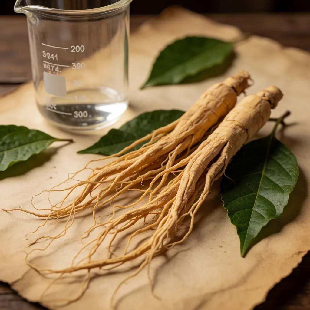 Dried herbal botanicals and glassware on parchment