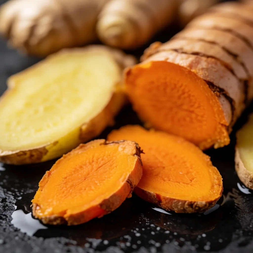 Fresh turmeric and ginger on volcanic basalt stone