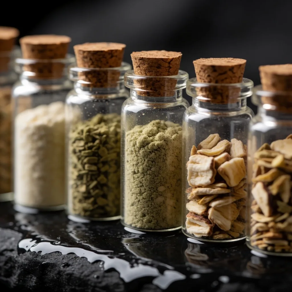 Botanical samples on basalt stone