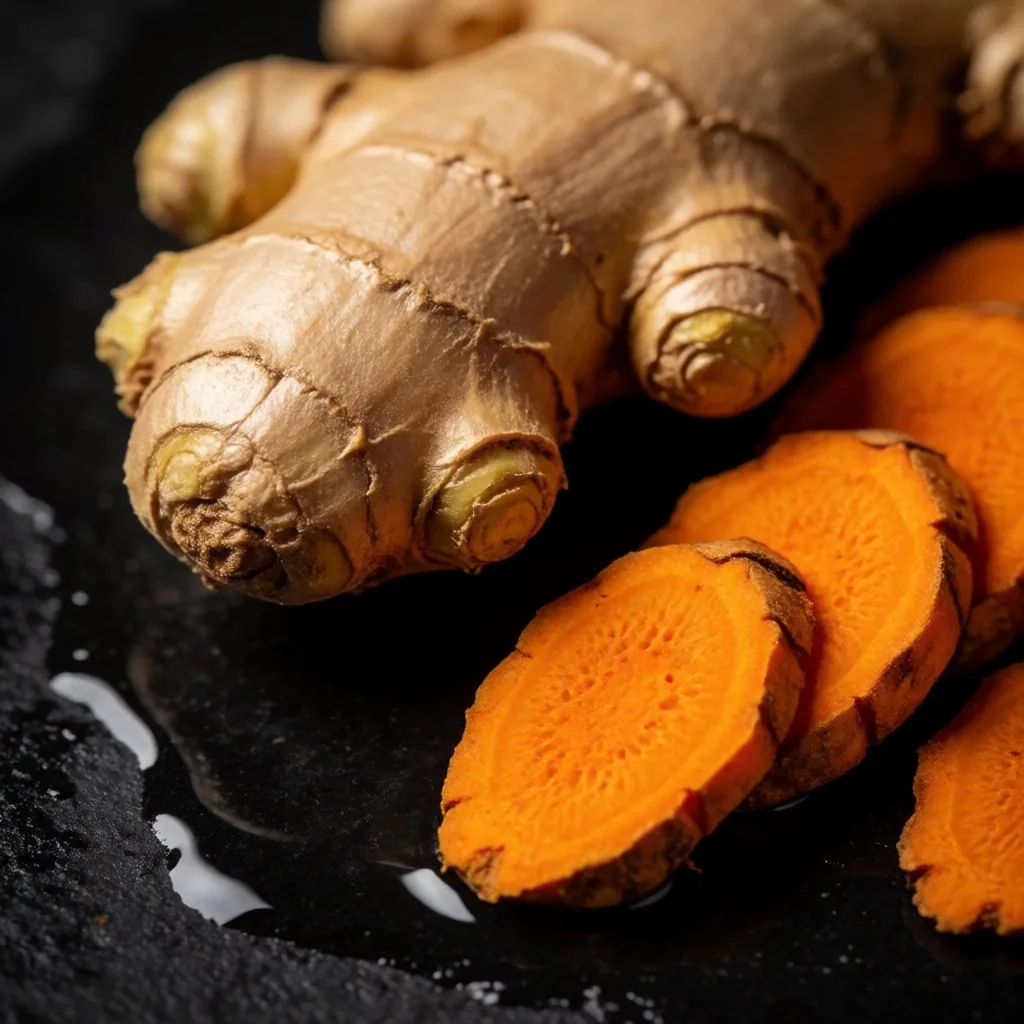 Fresh ginger and turmeric on basalt stone
