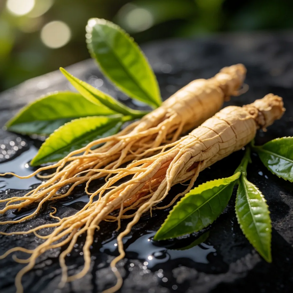 Ginseng root and green tea on basalt stone