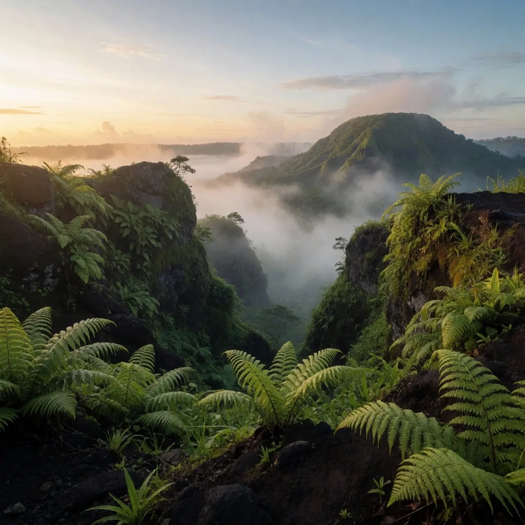 Volcanic highlands of Java at dawn — botanical raw nature over basalt stone