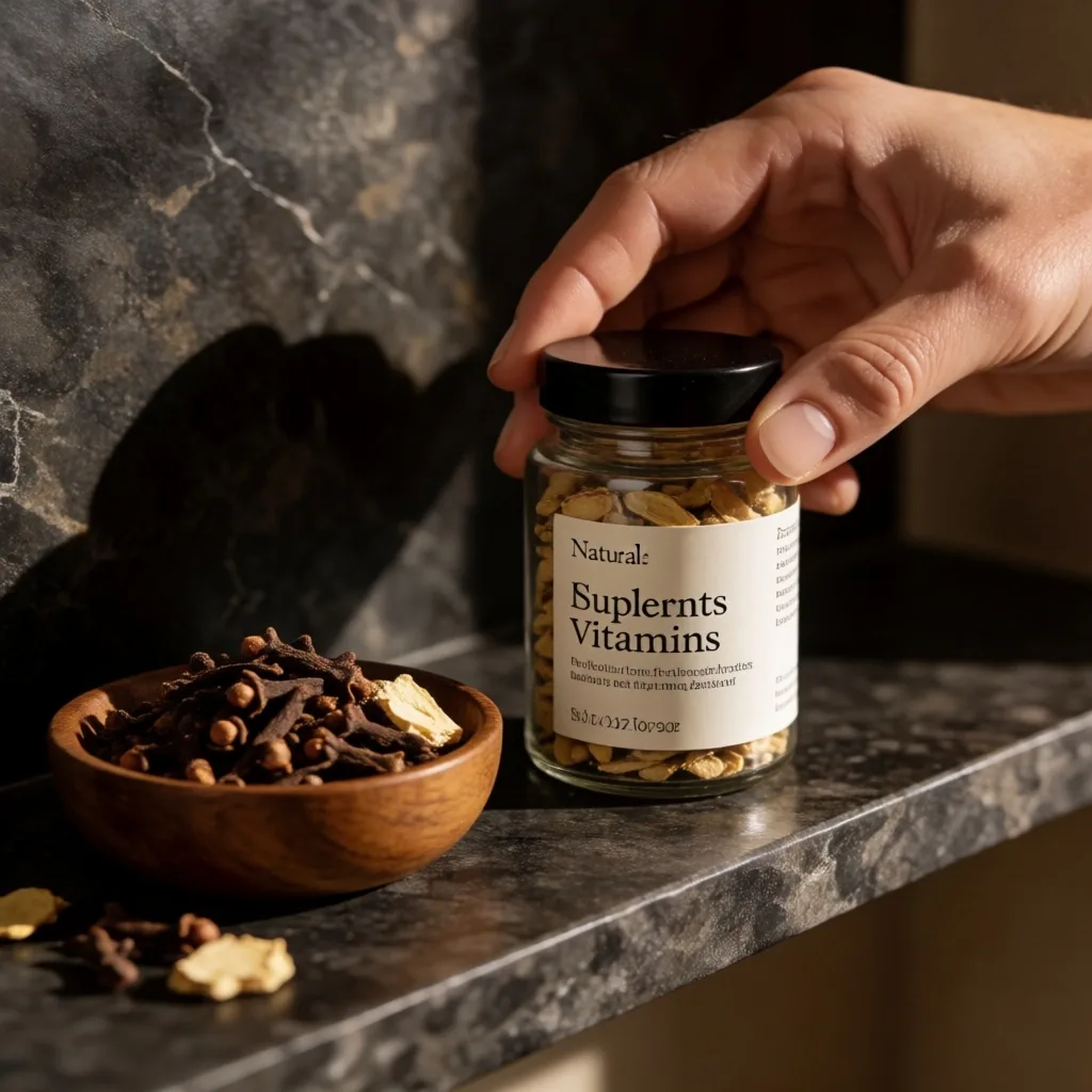 Daily supplement ritual on a stone counter