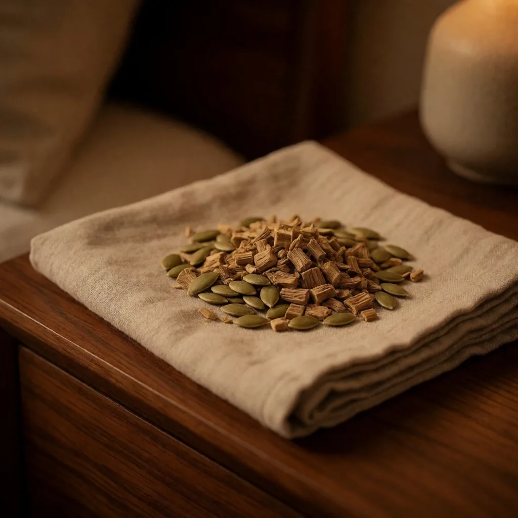 Dried valerian root and seeds on a nightstand