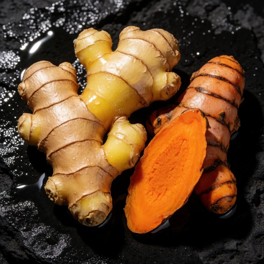 Fresh ginger and turmeric on basalt stone